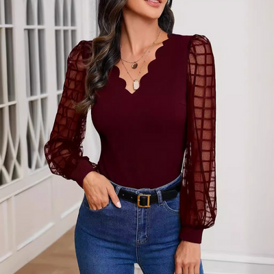 Helisara - Elegant V-Neck Top with Scallop Edges