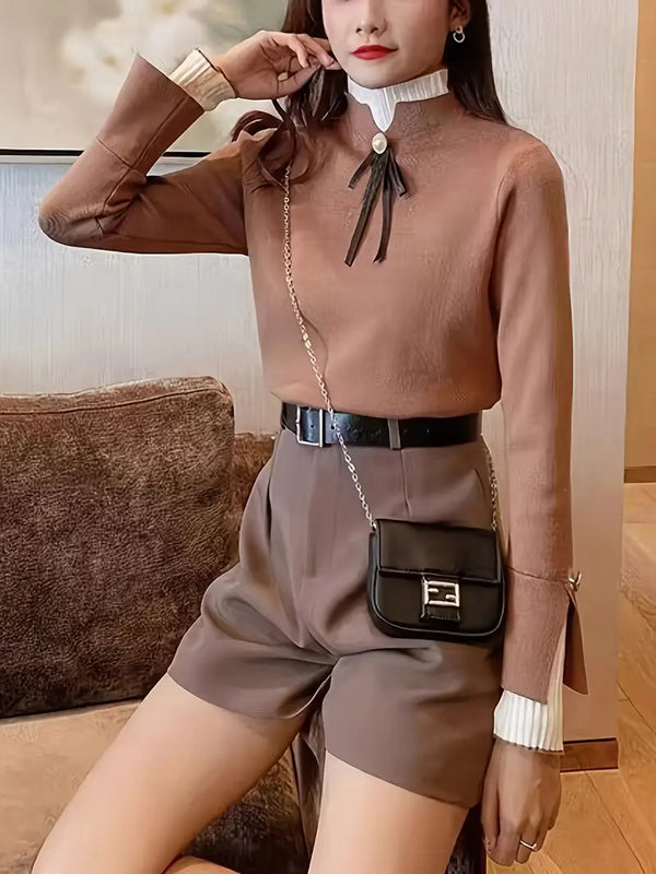 Ella | Elegant Ribbed Layered Blouse with Bow