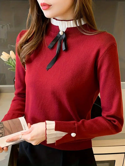 Ella | Elegant Ribbed Layered Blouse with Bow