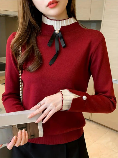 Ella | Elegant Ribbed Layered Blouse with Bow