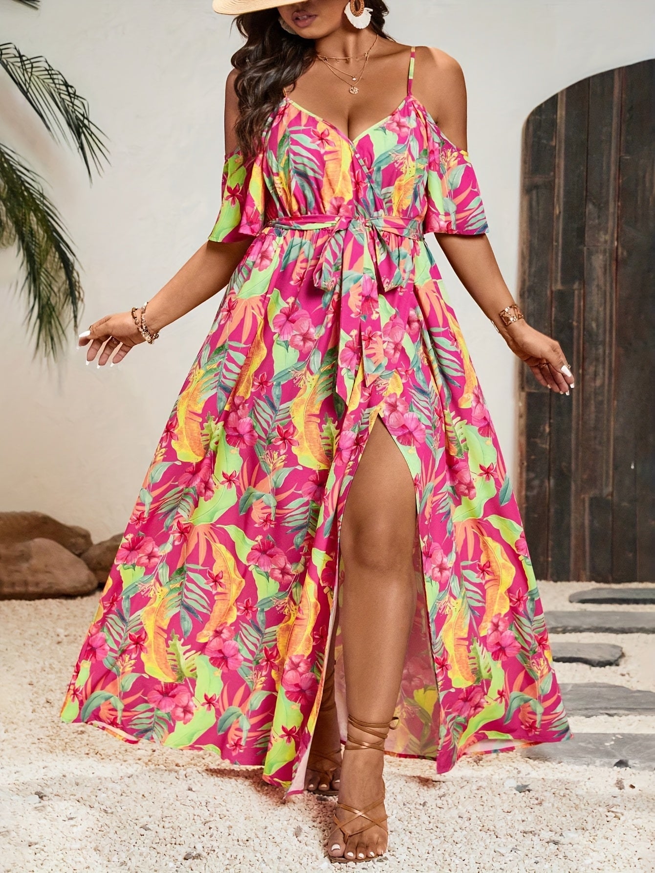 Elle | Bohemian Maxi Jurk met Tropische Print en Off-Shoulder Design