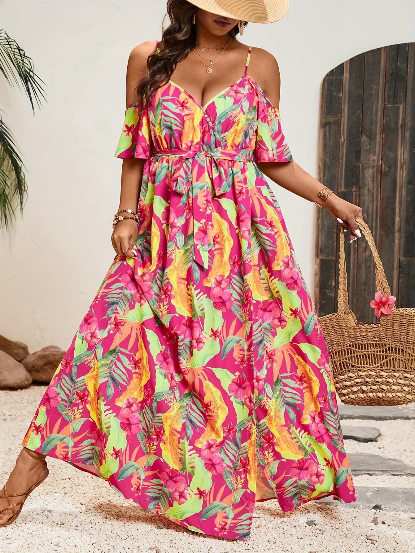 Elle | Bohemian Maxi Jurk met Tropische Print en Off-Shoulder Design