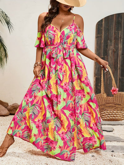 Elle | Bohemian Maxi Jurk met Tropische Print en Off-Shoulder Design