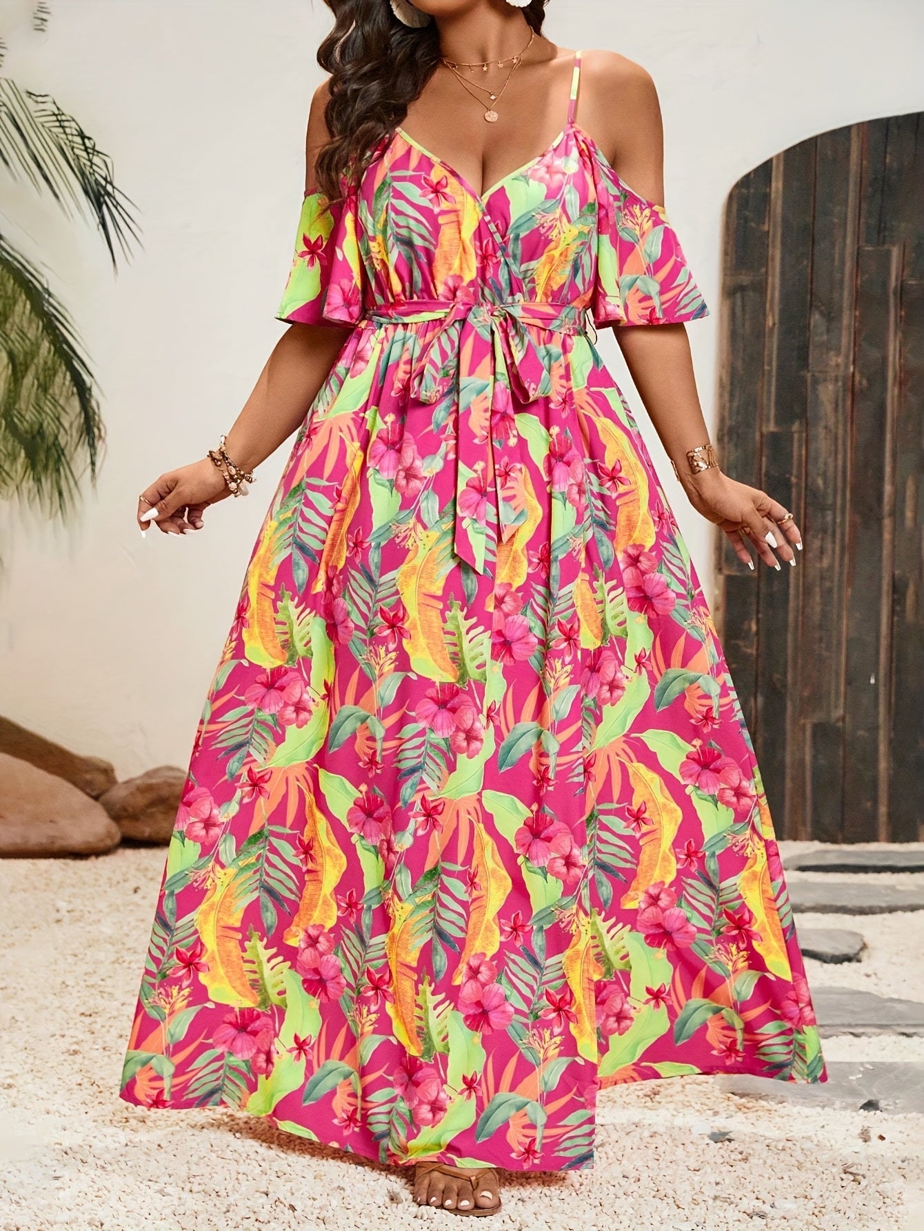 Elle | Bohemian Maxi Jurk met Tropische Print en Off-Shoulder Design