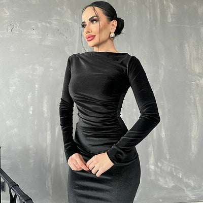 Elliana | Elegante Velours Midi Jurk met Lange Mouwen