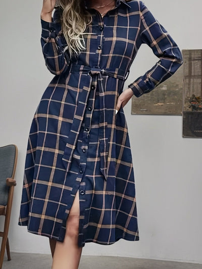 Emilie | Geruite Blousejurk met Ceintuur en Knopen