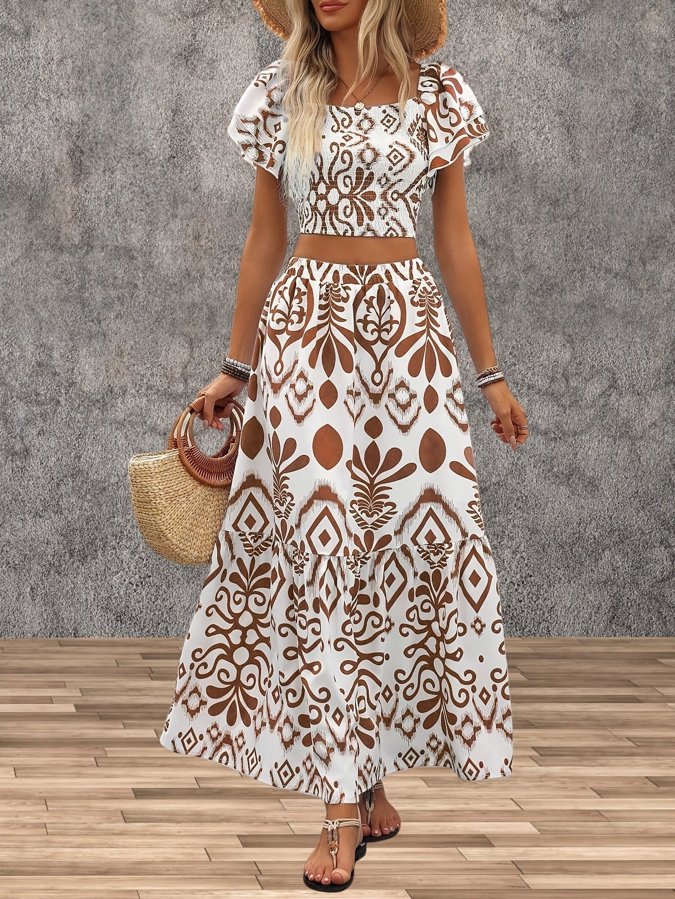 Evangeline | Printed Lotus Leaf Top and Skirt Set