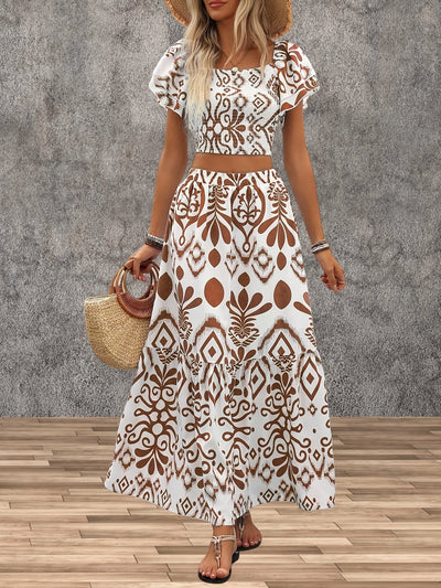 Evangeline | Printed Lotus Leaf Top and Skirt Set