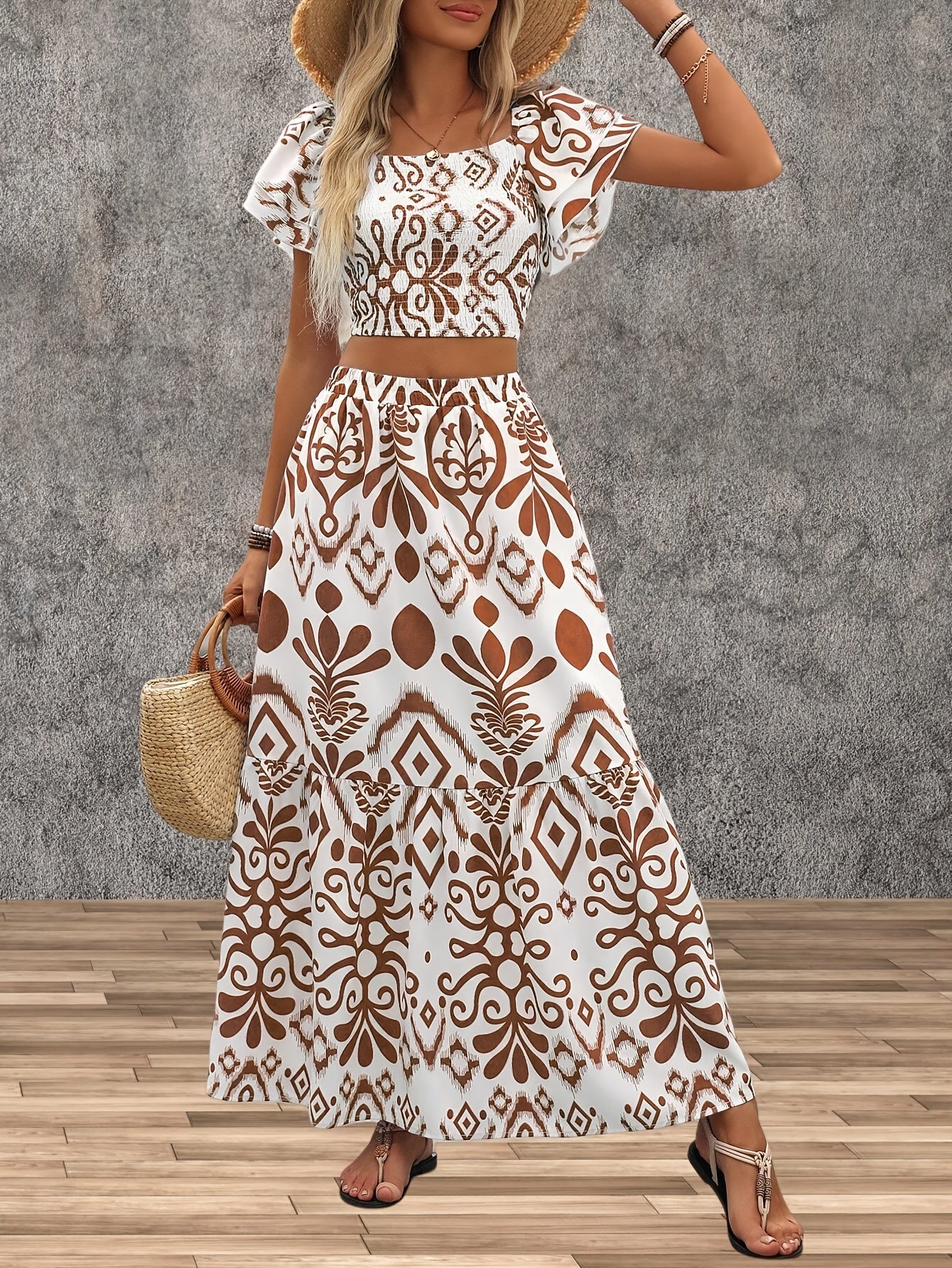 Evangeline | Printed Lotus Leaf Top and Skirt Set