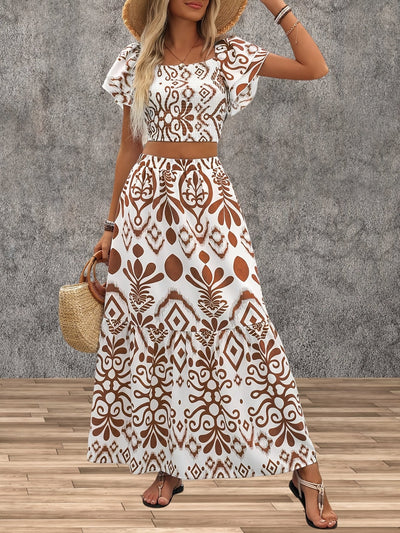 Evangeline | Printed Lotus Leaf Top and Skirt Set