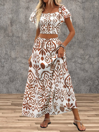 Evangeline | Printed Lotus Leaf Top and Skirt Set