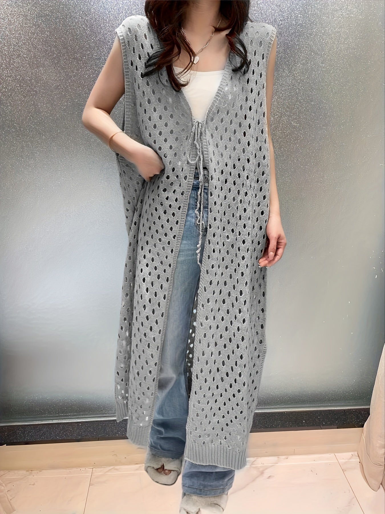 Eveline | Trendy Open Crochet Long Sleeveless Cardigan