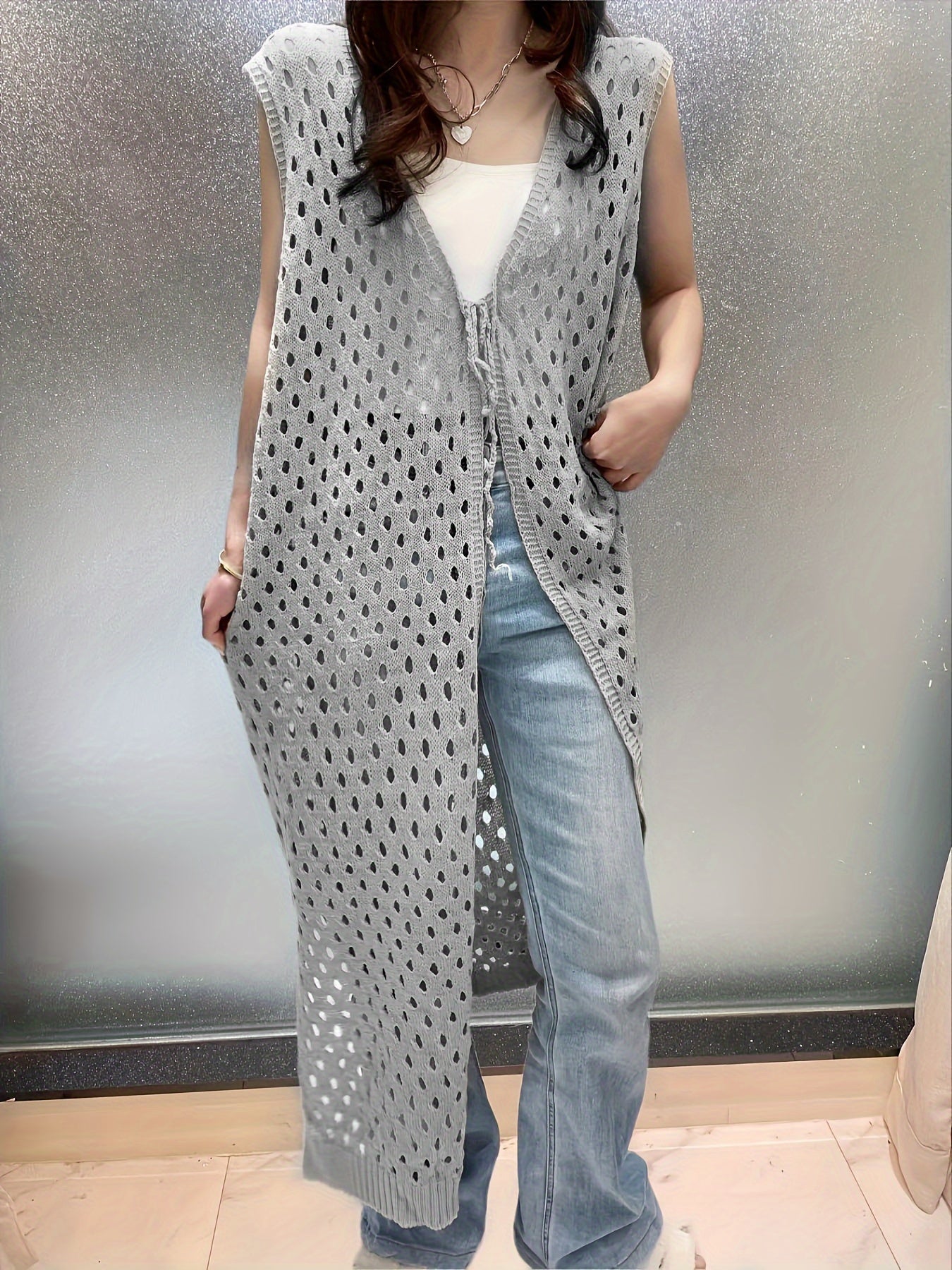 Eveline | Trendy Open Crochet Long Sleeveless Cardigan