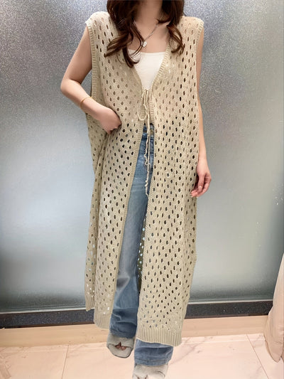 Eveline | Trendy Open Crochet Long Sleeveless Cardigan