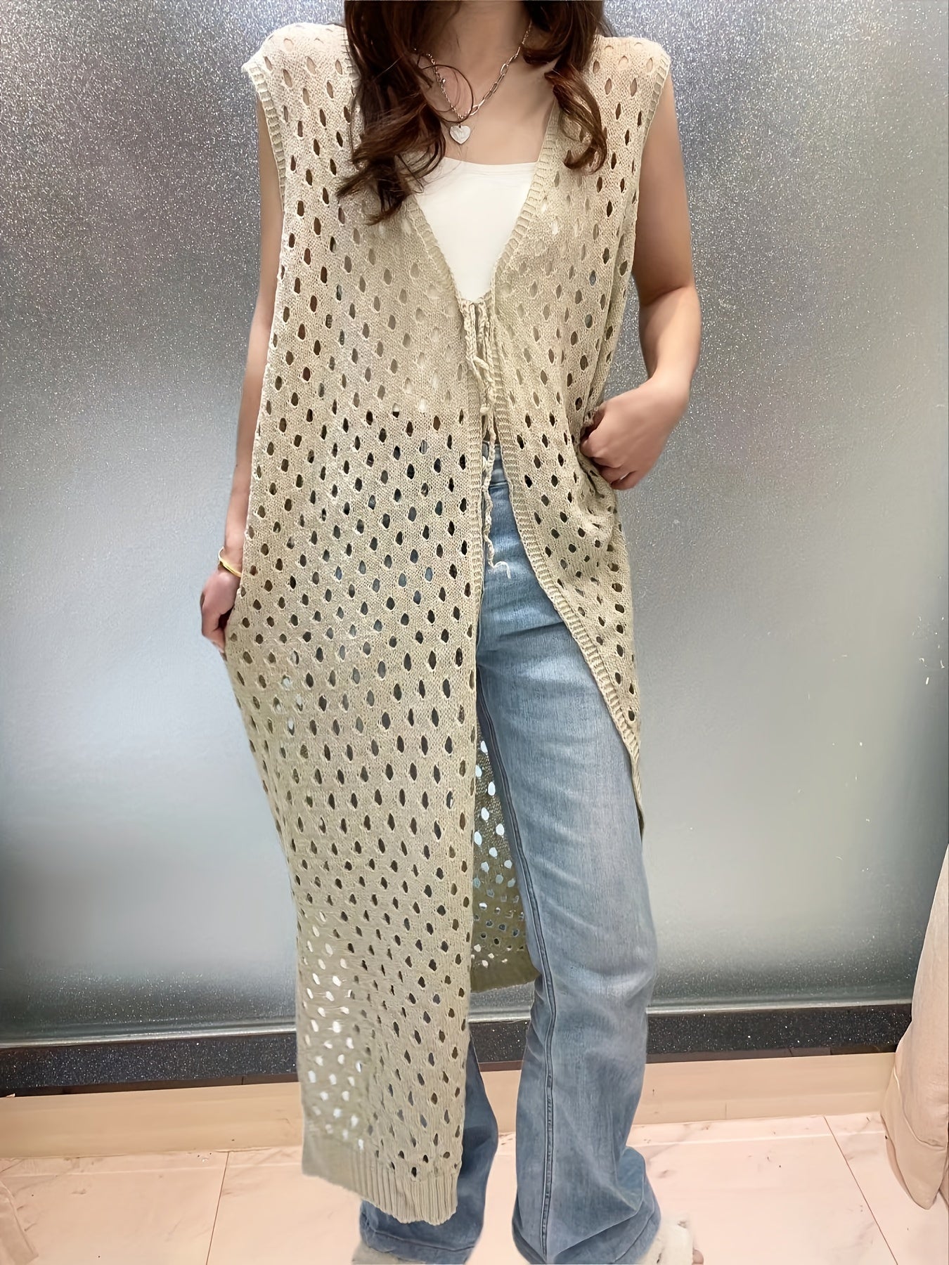 Eveline | Trendy Open Crochet Long Sleeveless Cardigan