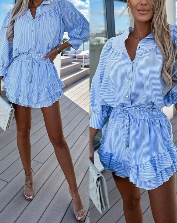 Celeste - Gestreepte Blouse en Ruffle Rok Set