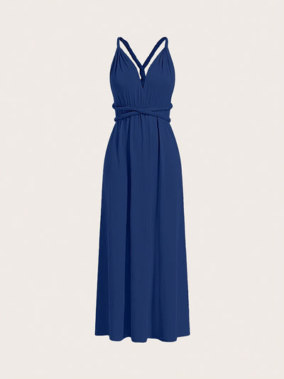 Gwen | Mouwloze Marineblauwe Maxi Wikkeljurk met Strik in de Taille