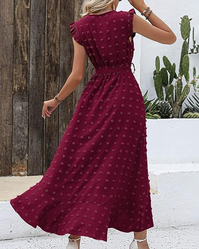 Maxi-jurk met structuurstof en ruches – Elegante zomerjurk met V-hals en strikceintuur