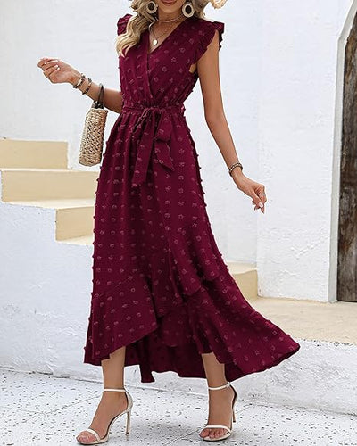 Maxi-jurk met structuurstof en ruches – Elegante zomerjurk met V-hals en strikceintuur