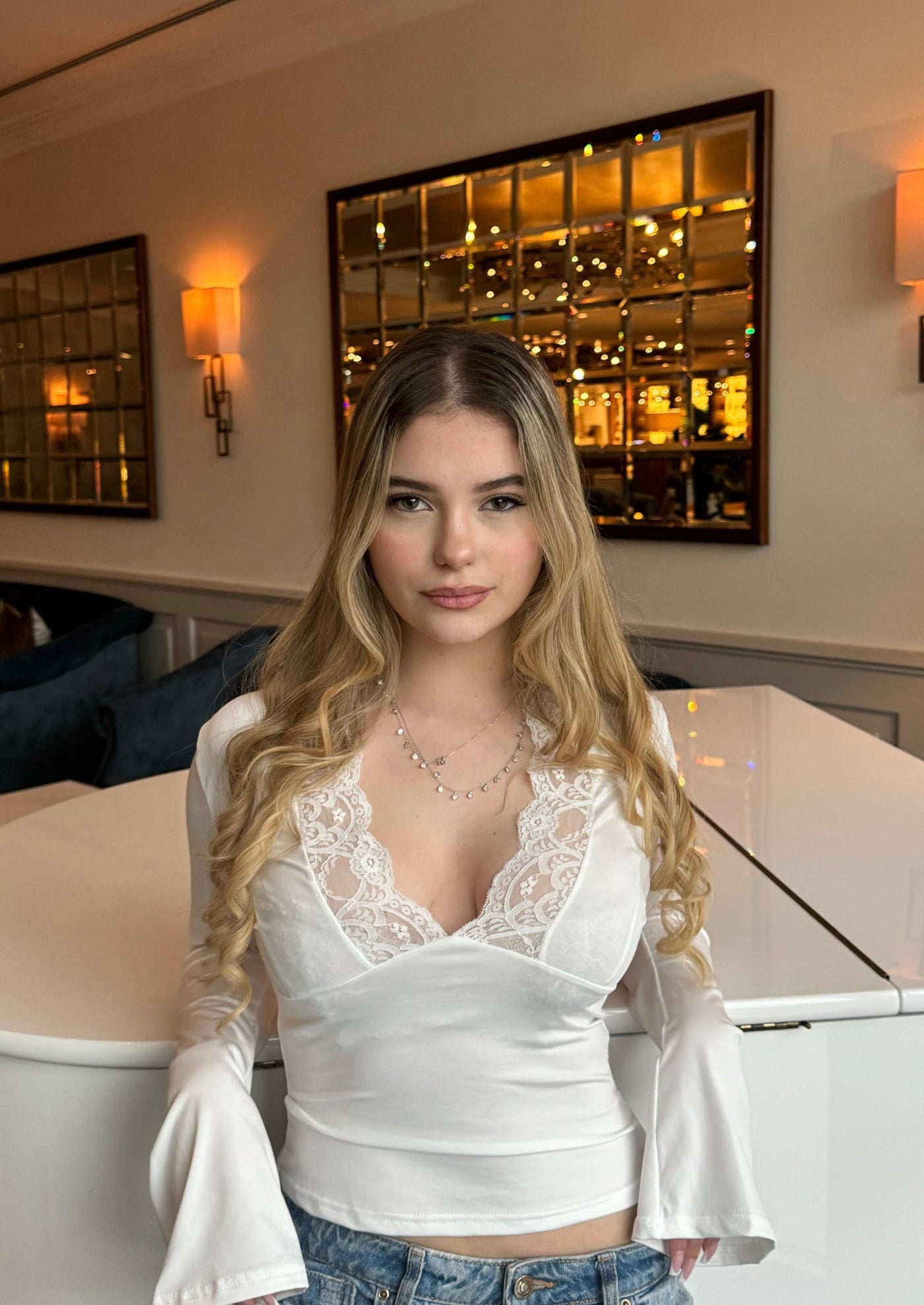 Felina - Lace Trimmed Bell Sleeve Top