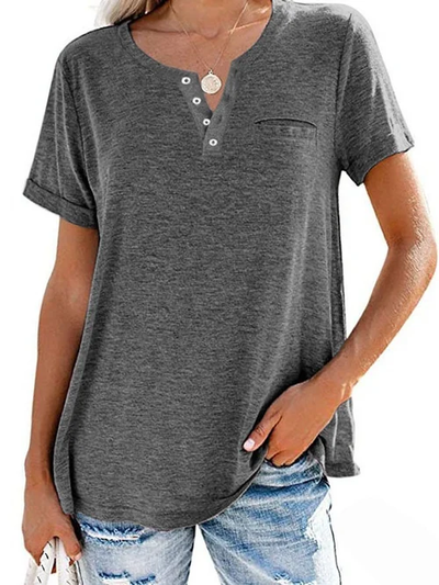 Dames T-shirt – Casual T-shirt met knoopdetail en borstzakje