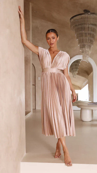 Irene | Elegante Plissé Midi Jurk met Open Rug voor Dames