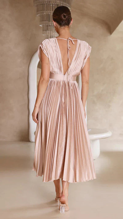 Irene | Elegante Plissé Midi Jurk met Open Rug voor Dames