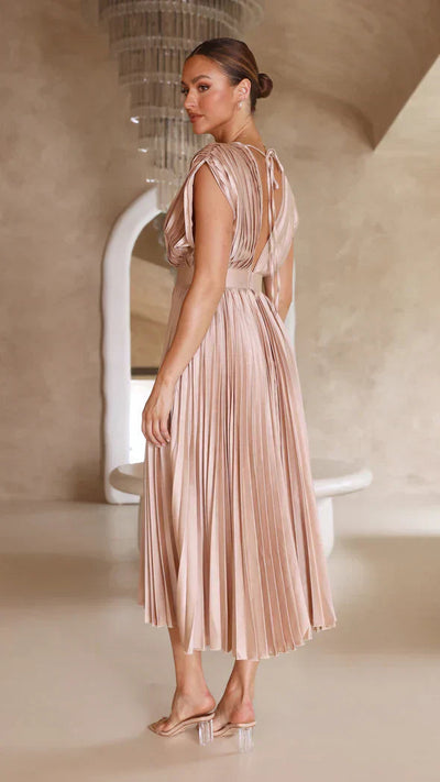 Irene | Elegante Plissé Midi Jurk met Open Rug voor Dames