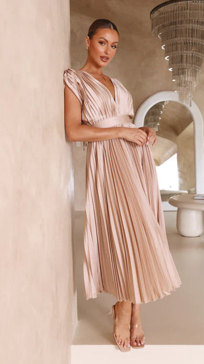 Irene | Elegante Plissé Midi Jurk met Open Rug voor Dames