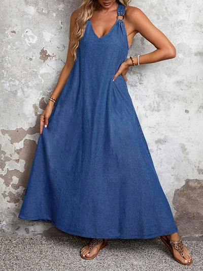 Iris | Stijlvolle Denim Maxi Jurk met Verstelbare Bandjes