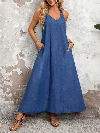 Iris | Stijlvolle Denim Maxi Jurk met Verstelbare Bandjes