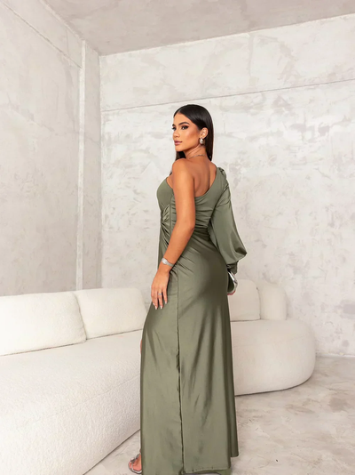 Asymmetrische avondjurk – Eénschouderdesign met split en drapering