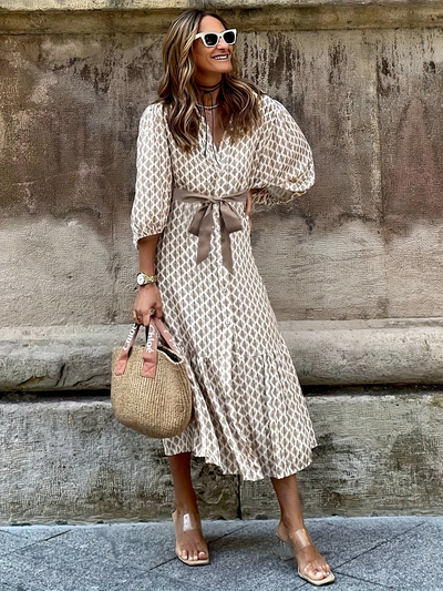 Midi-jurk met strikceintuur – Luchtige pasvorm en all-over print