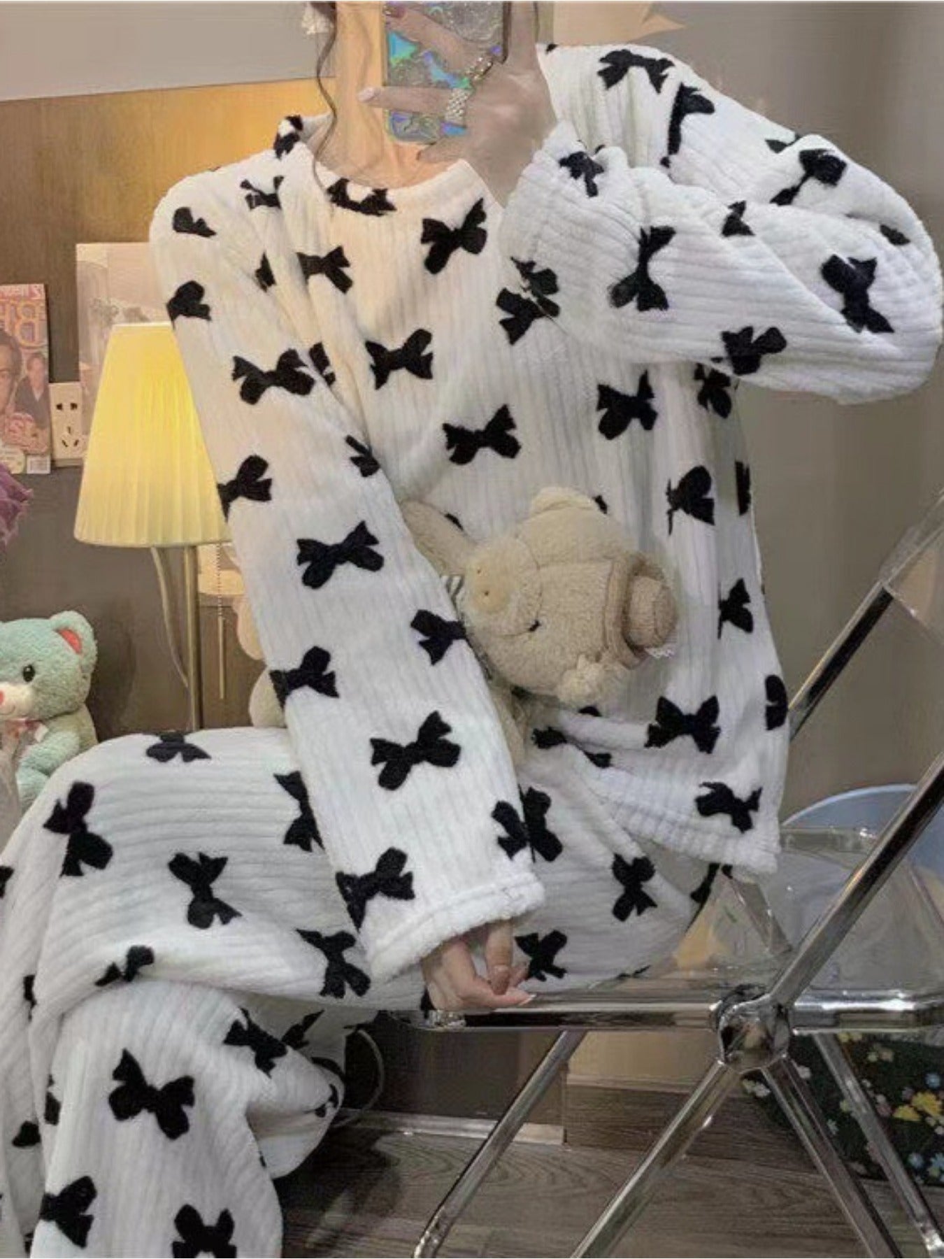Jacqueline | Cozy Fleece Pyjama Set with Bow Print 