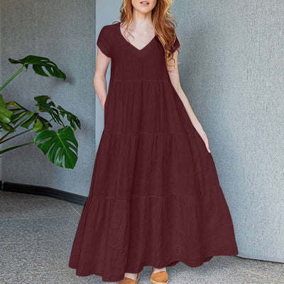 Jocelyn | Elegante Maxi Jurk met V-Hals en Korte Mouwen