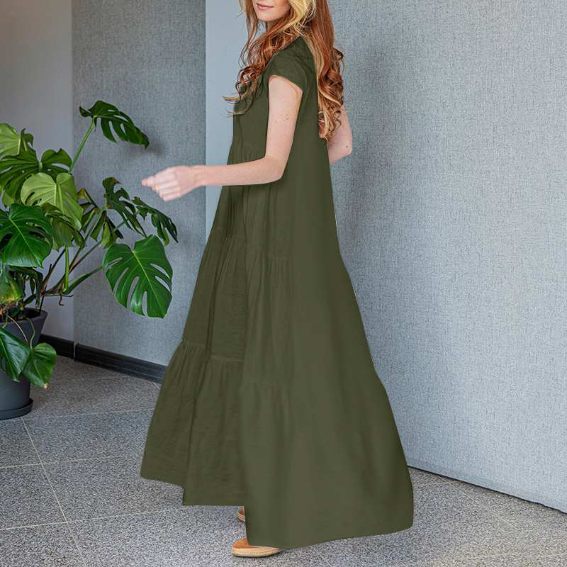 Jocelyn | Elegante Maxi Jurk met V-Hals en Korte Mouwen