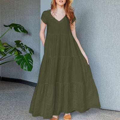 Jocelyn | Elegante Maxi Jurk met V-Hals en Korte Mouwen