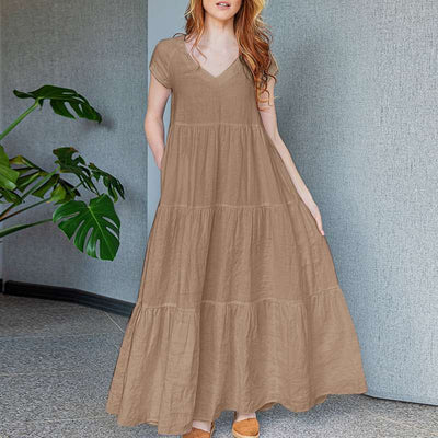 Jocelyn | Elegante Maxi Jurk met V-Hals en Korte Mouwen