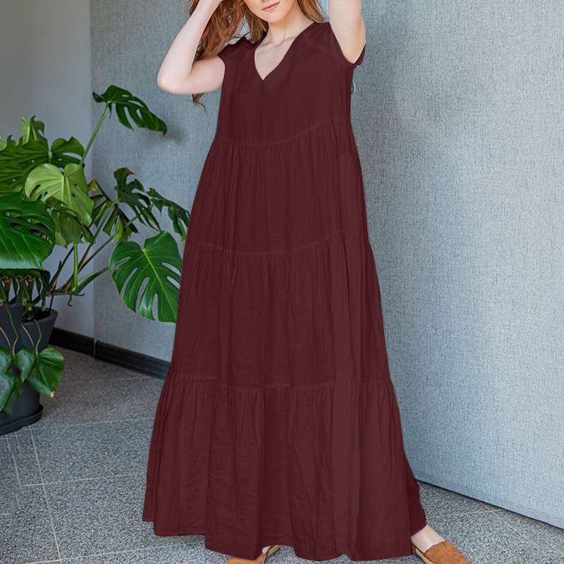 Jocelyn | Elegante Maxi Jurk met V-Hals en Korte Mouwen