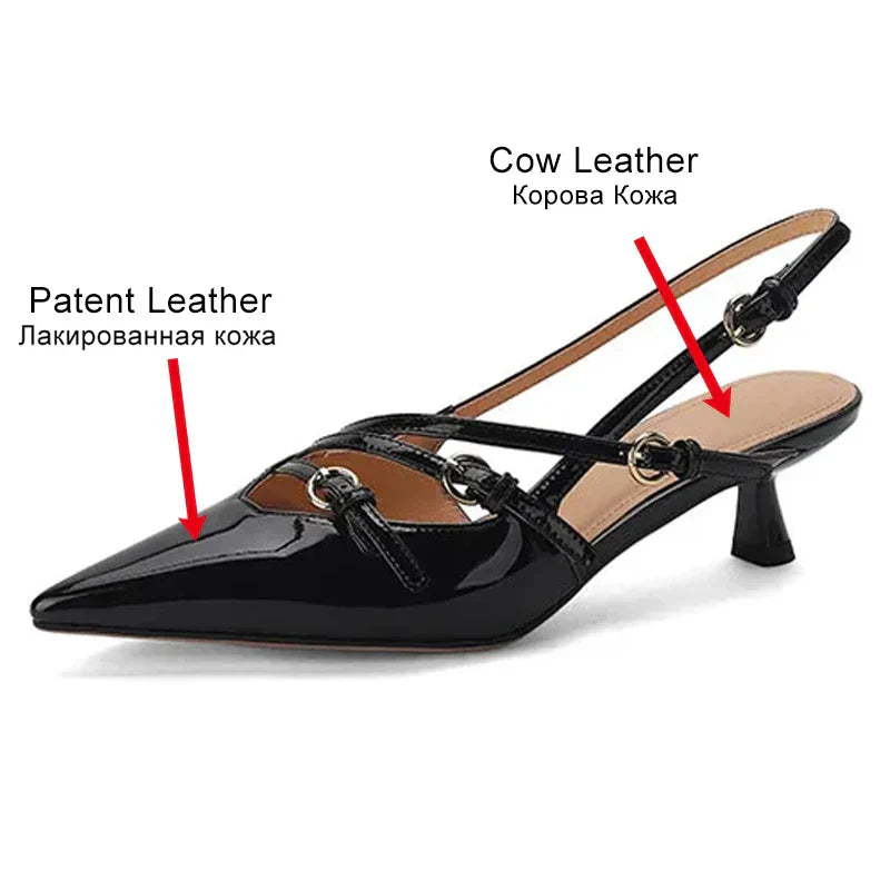 Jamila - Retro Leather Sandals with Heel and Buckle