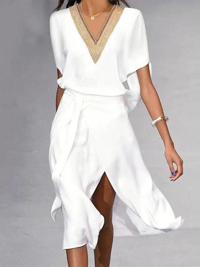 V-hals Midi Jurk met Split – Elegant en Luchtig