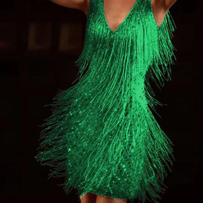 Mouwloze glitterjurk met franjes – Mini-jurk met V-hals en pailletten