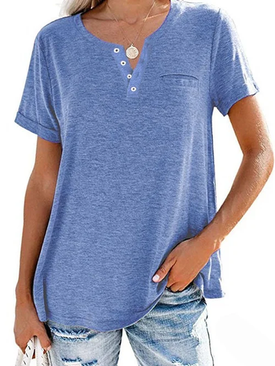 Dames T-shirt – Casual T-shirt met knoopdetail en borstzakje