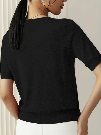 Gebreide dames top met korte mouwen – Fijne tricot en ronde hals