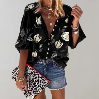 Damesblouse met bloemenprint – Korte mouwen en knoopsluiting