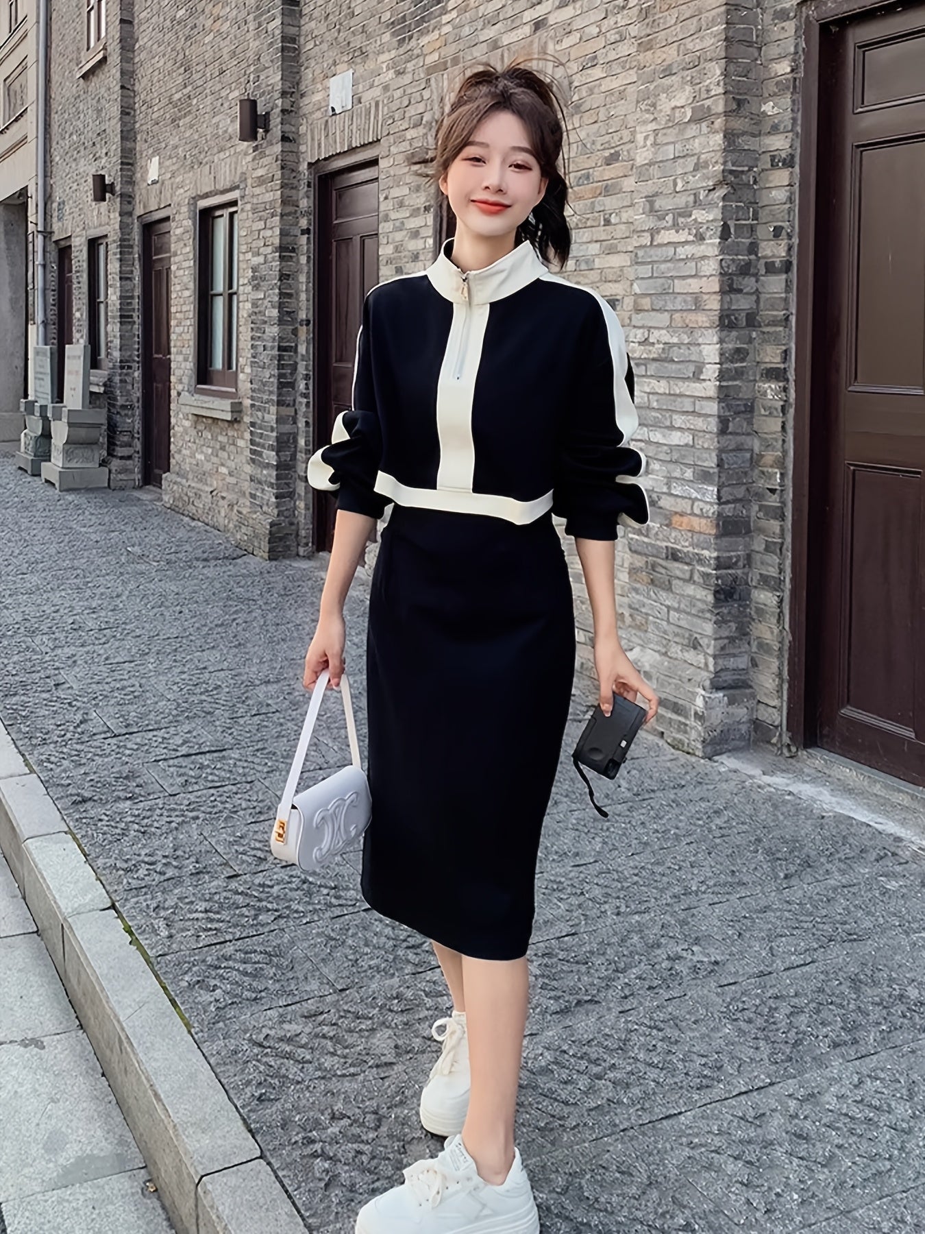 Kamille | Elegante Kleurblok Sweaterjurk met Lange Mouwen