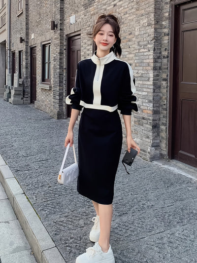 Kamille | Elegante Kleurblok Sweaterjurk met Lange Mouwen