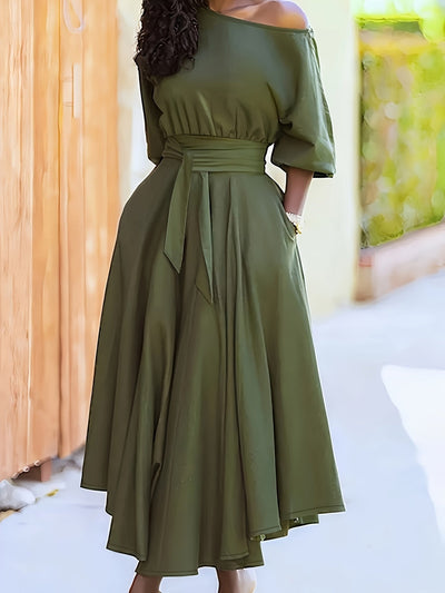 Katelyn | Off-Shoulder Midi Jurk met Ceintuur en Asymmetrische Zoom