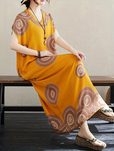 Kelly | Bohemian Maxi Jurk met Etnische Print en Zijdelingse Pockets