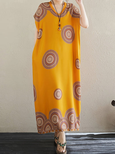 Kelly | Bohemian Maxi Jurk met Etnische Print en Zijdelingse Pockets